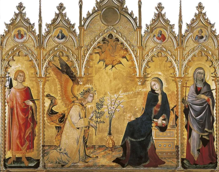 Framed Print : AISA / Everett Collection MARTINI, Simone di Martino, called Simone (1284-1344); MEMMI, Lippo (1290-1347). The Annunciation and two Saints (Annunciazione e due Santi). 1333 Framed Print : AISA / Everett Collection MARTINI, Simone di Martino, called Simone (1284-1344); MEMMI, Lippo (1290-1347). The Annunciation and two Saints (Annunciazione e due Santi). 1333