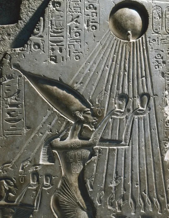 Framed Print : Akhenaten and his family offering to the sun-god Aten. 1364 - 1347 BC. Detail of the Pharaoh. Egyptian art. New Kingdom. Relief on rock. EGYPT. Cairo. Egyptian Museum