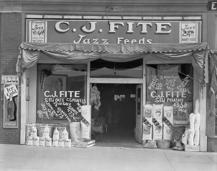 Framed Print : Alabama feed store front, sign reads: C. J. Fite Jazz Feeds, photograph by Walker Evans, March, 1936 Framed Print : Alabama feed store front, sign reads: C. J. Fite Jazz Feeds, photograph by Walker Evans, March, 1936