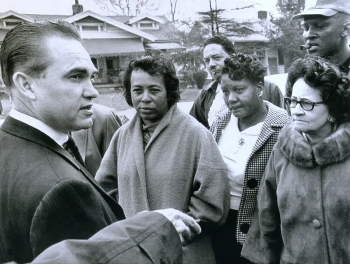 Framed Print : Alabama Gov. George Wallace talks to residents of an African American neighborhood that was bombed