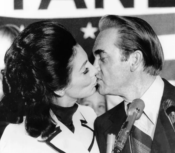 Framed Print : Alabama Governor George Wallace gets a kiss from his wife, Cornelia, after her won the Florida Democratic Primary on March 13, 1972 Framed Print : Alabama Governor George Wallace gets a kiss from his wife, Cornelia, after her won the Florida Democratic Primary on March 13, 1972