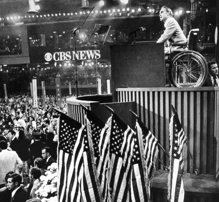Framed Print : Alabama Governor George Wallace sits in a wheel chair to address the 1972 Democratic Convention Framed Print : Alabama Governor George Wallace sits in a wheel chair to address the 1972 Democratic Convention