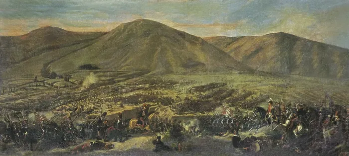 Framed Print : ALABES, Fidencio (19th century). Battle of Ayacucho. Battle on the 9th December 1824. General Sucre defeats the royalist troops led by the viceroy La Serna. Oil on canvas