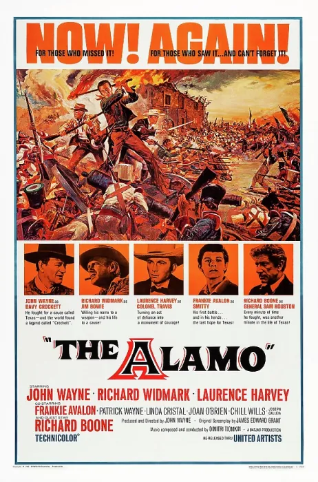 Framed Print : THE ALAMO, top: John Wayne, bottom from left: John Wayne, Richard Widmark, Laurence Harvey, Frankie Avalon, Richard Boone on 1967 reissue poster, 1960
