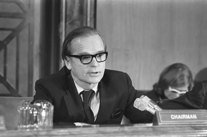 Framed Print : Alan Greenspan testifying before a joint House-Senate Economic Committee, Jan. 6, 1975. Greenspan was then Chairman of the Council of Economic Advisers. - (BSLOC_2015_1_105)