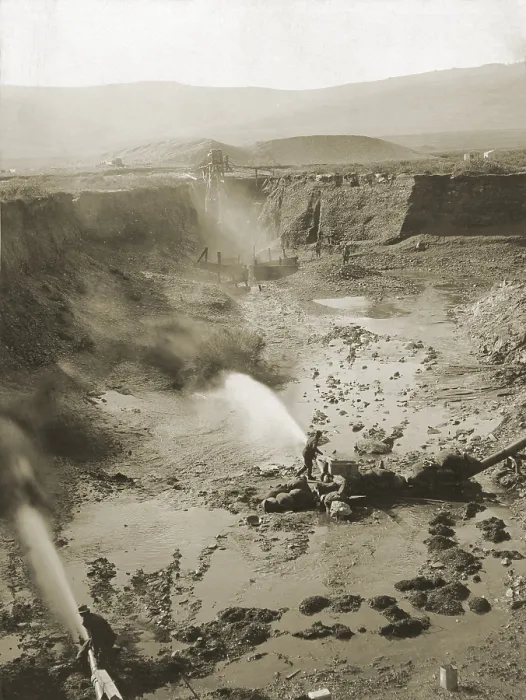 Framed Print : Alaskan hydraulic gold mining used jets of water to erode rock material or move sediment