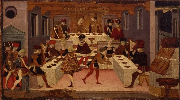Framed Print : Alatiel Stories, by Master of Cassoni, 15th Century, tempera on board - Italy, Veneto, Venice, Correr Museum, Venetian Art and Story Library. Detail. Scene with a banquet Framed Print : Alatiel Stories, by Master of Cassoni, 15th Century, tempera on board - Italy, Veneto, Venice, Correr Museum, Venetian Art and Story Library. Detail. Scene with a banquet