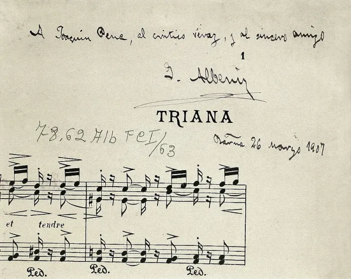 Framed Print : ALBENIZ, Isaac (1860-1909). Autograph score of 'Triana' for the suite 'Iberia' by Isaac Albniz. Dedicated to his friend and critic Joaqun Pea in May, 1907 Framed Print : ALBENIZ, Isaac (1860-1909). Autograph score of 'Triana' for the suite 'Iberia' by Isaac Albniz. Dedicated to his friend and critic Joaqun Pea in May, 1907