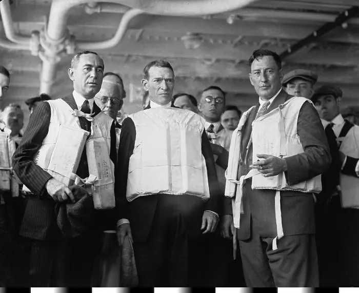 Framed Print : Albert Davis Lasker (left), founder of modern advertising, as chairman of the U.S. Shipping Board, takes part in an lifeboat drill with 1923 Framed Print : Albert Davis Lasker (left), founder of modern advertising, as chairman of the U.S. Shipping Board, takes part in an lifeboat drill with 1923