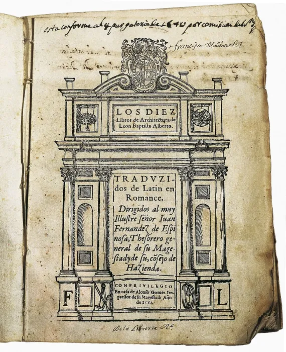 Framed Print : ALBERTI, Leon Battista (1404-1472). Cover of 'The Ten Books on Architecture'. Spanish translation edited in Madrid by Alonso Gmez en 1582. Engraving. SPAIN. Salamanca