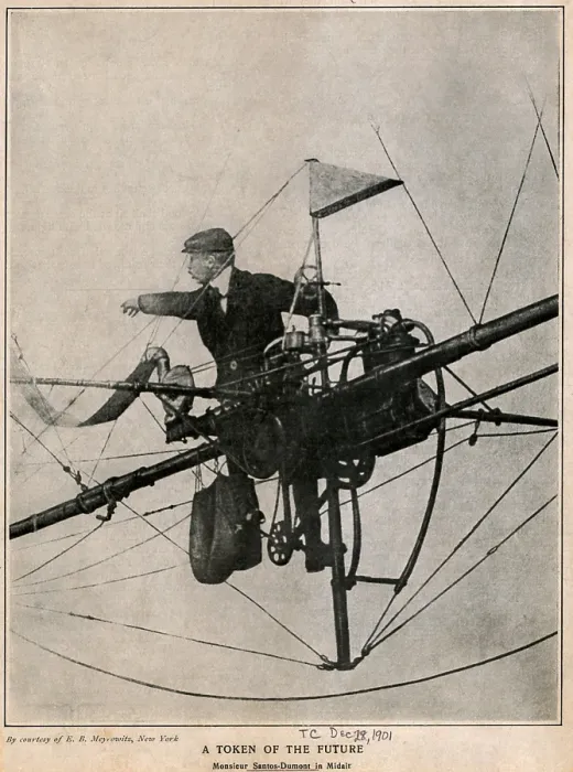 Framed Print : Alberto Santos-Dumont 1873-1932 Brazilian aviator flying his controllable dirigible balloon winning the Deutsch de la Meurthe prize on October 19 1901 for a controlled flight