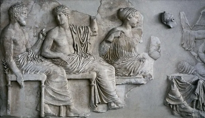 Framed Print : ALCAMENES (5th C. BC). Poseidon, Apollo, Artemis and Aphrodite from the east frieze of the Parthenon. 447 - 438 BC. Classical Greek art. Relief on marble. GREECE. Athens