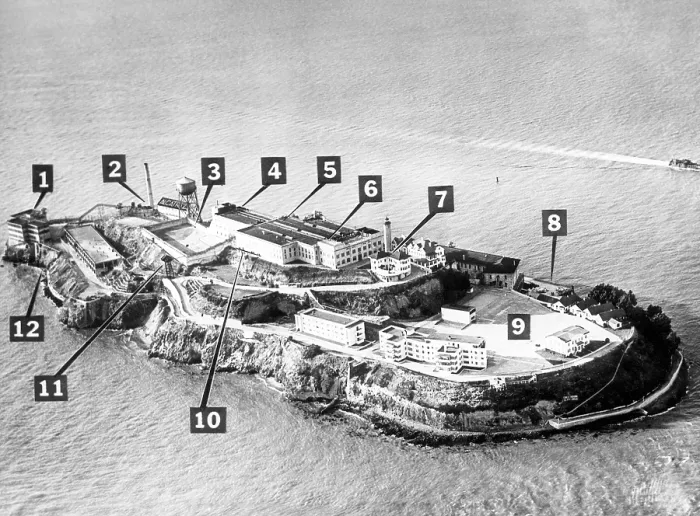 Framed Print : Alcatraz Island, principal buildings and locations: 1. shoe and furniture shop, 2. power house, 3. prison yard, 4. hall and kitchen, 5. main cell block, 6