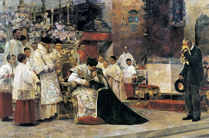 Framed Print : ALCAZAR TEJEDOR, Jose (1850-1911). The First Mass. 1887. Oil on canvas. SPAIN. Sevilla. Fine Arts Museum. AISA / Everett Collection**US SALES ONLY**