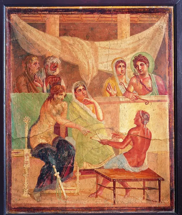 Framed Print : Alcestis and Admetus, by unknown artist, 50-79, 1st Century A.D. ripped fresco, 106 x 86, 5 cm - Italy, Campania, Naples, National Archaeological Museum, Room LXXIII, inv. 9026