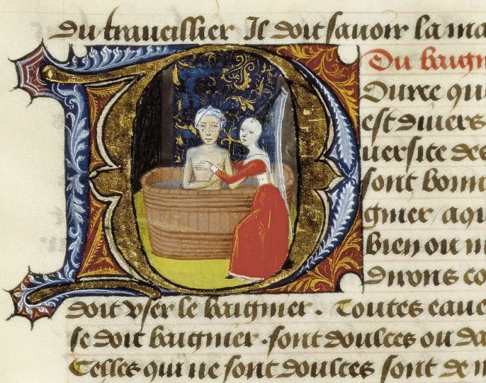 Framed Print : Aldebrando da Firenze. Treatise on Medicine (1356). Folio 4r: The property and use of the toilet. Gothic art. Miniature Painting. PORTUGAL. Lisbon. Ajuda Library