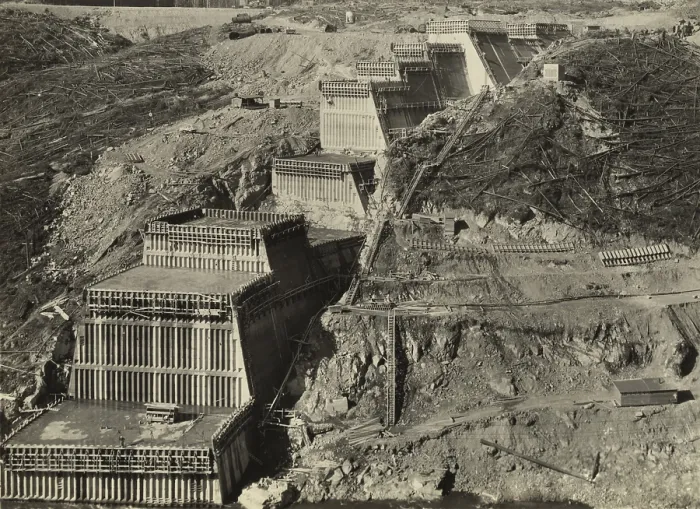 Framed Print : Alder Dam construction site in Washington, Feb. 1943. Concrete foundations for the west abutment during construction on the Nisqually River