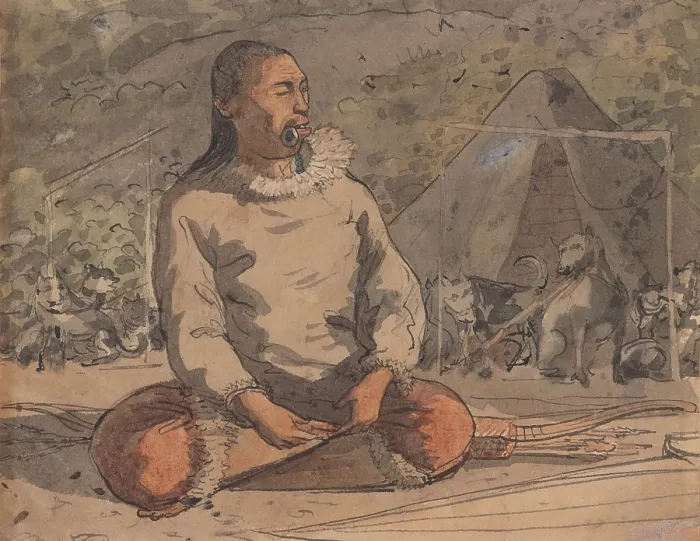 Framed Print : An Aleutian man sits in front of a tent and several harnessed dogs, 1815-18. He wears a labret, an ornamental lip plug