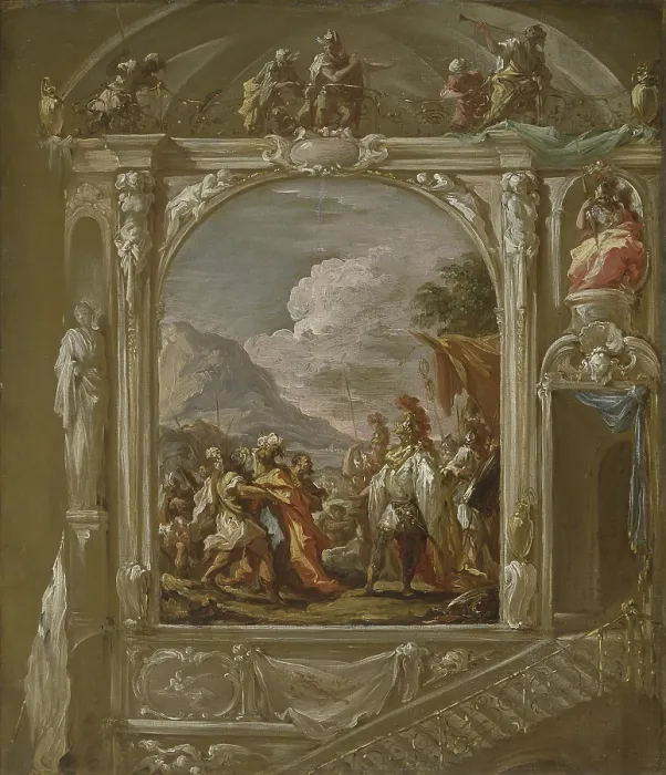 Framed Print : Alexander in front of the Body of Darius, by Giovanni Antonio Pellegrini, 18th century, oil on canvas, 74 x 63 cm. - Italy, Emilia Romagna, Ravenna, Civic Collection