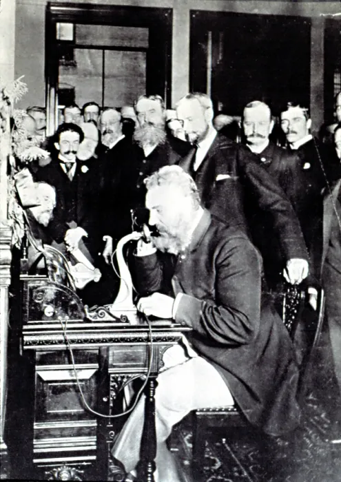 Framed Print : ALEXANDER GRAHAM BELL, demonstrating how to make a phone call in New York, March 12, 1876. Bell is talking to Thomas Watson & says, 'Mr Framed Print : ALEXANDER GRAHAM BELL, demonstrating how to make a phone call in New York, March 12, 1876. Bell is talking to Thomas Watson & says, 'Mr