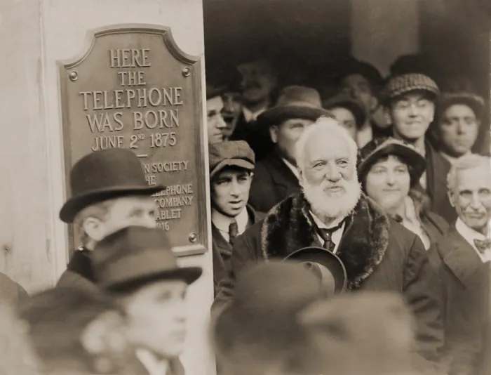 Framed Print : Alexander Graham Bell at the unveiling of a plaque commemorating the 1876 invention of the telephone, Boston, Mass. 1916