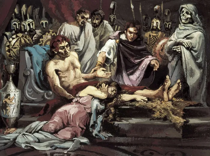 Framed Print : ALEXANDER the Great (356-323 BC). Scene from Alexander the Great's death of malaria on the 13th June 323 BC. Oil on canvas. AISA / Everett Collection**US SALES ONLY** Framed Print : ALEXANDER the Great (356-323 BC). Scene from Alexander the Great's death of malaria on the 13th June 323 BC. Oil on canvas. AISA / Everett Collection**US SALES ONLY**