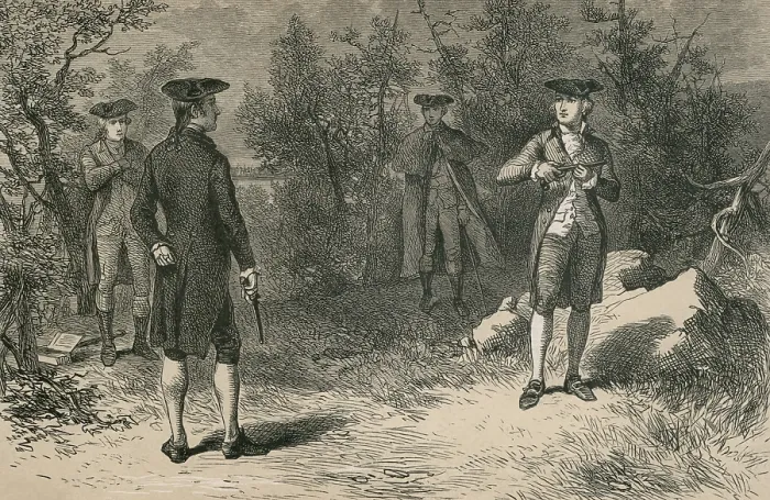 Framed Print : Alexander Hamilton and Arron Burr prepare to fight a duel on July 11, 1804, in Weehawken, New Jersey. They had been political adversaries for years Framed Print : Alexander Hamilton and Arron Burr prepare to fight a duel on July 11, 1804, in Weehawken, New Jersey. They had been political adversaries for years