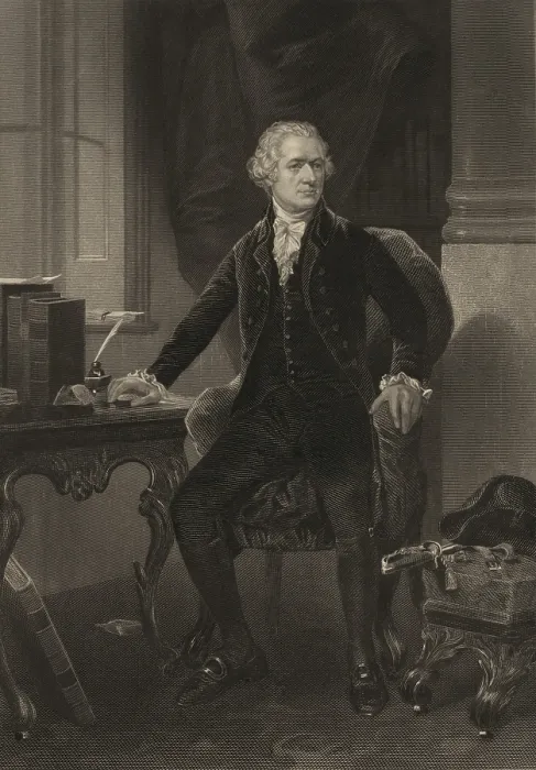Framed Print : Alexander Hamilton, in full length portrait, a sitting at a desk. The portrait head appears to be based on John Trumbulls paintings