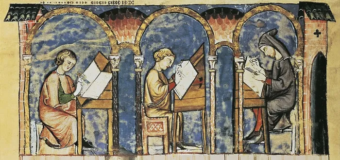 Framed Print : Alfonso X, called 'The Wise' (1221-1284). Book of Chess, Dice and Tables. 1283. Fol. 1v. Scribe monks. Romanesque art. Miniature Painting. SPAIN Framed Print : Alfonso X, called 'The Wise' (1221-1284). Book of Chess, Dice and Tables. 1283. Fol. 1v. Scribe monks. Romanesque art. Miniature Painting. SPAIN