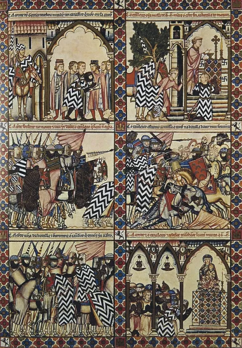 Framed Print : Alfonso X, called 'The Wise' (1221-1284). Cantigas de Santa Maria (Virgin Mary Songs). 13th c. Page of the Cantigas (songs) with war and religious scenes. Gothic art