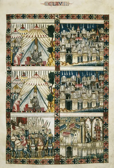 Framed Print : Alfonso X, called 'The Wise' (1221-1284). Cantigas de Santa Maria (Virgin Mary Songs). 13th c. Battle and soldiers scene. Gothic art. Miniature Painting. SPAIN