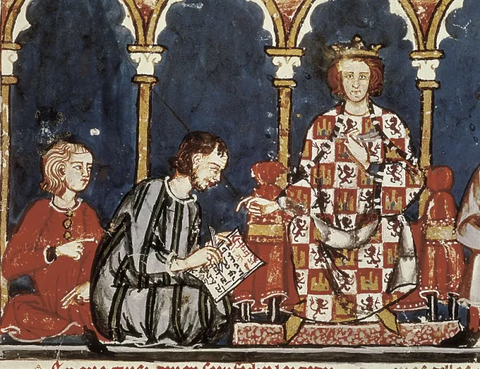 Framed Print : Alfonso X, called 'The Wise' (1221-1284). Libro de los Juegos (Book of Games). 1282. Depiction of King Alfonso X the Wise accompanied by a scribe. Gothic art