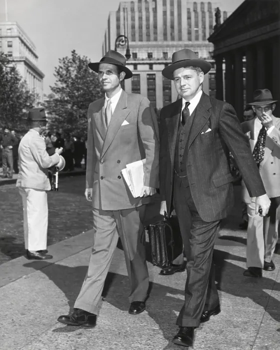 Framed Print : Alger Hiss and his lawyer, Edward McLean, leaving Federal Court on Oct 10, 1949. Hiss's second trial had just been adjourned until Nov 1st. New York City. - (BSLOC_2014_17_22)