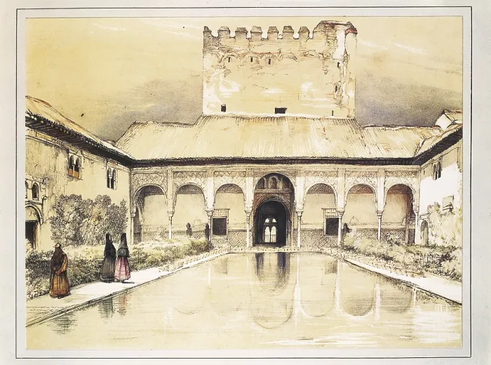 Framed Print : The Alhambra of Granada. Arrayanes or Myrtle Courtyard. Coloured lithography by John Frederick Lewis (1824). Romanticism. Orientalism. Litography Framed Print : The Alhambra of Granada. Arrayanes or Myrtle Courtyard. Coloured lithography by John Frederick Lewis (1824). Romanticism. Orientalism. Litography