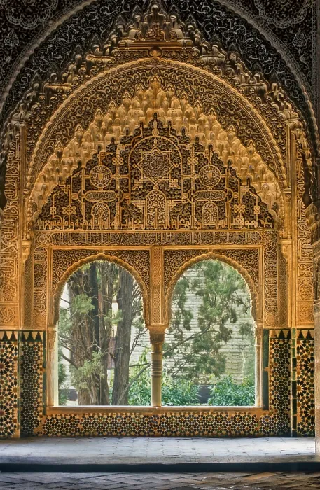Framed Print : Alhambra. SPAIN. Granada. Alhambra. Alhambra, Nazari Palace. Palace of the Lions. Daraxa or Lindaraja viewpoint at Hall of Aljimences. Hispano-Moresque art. Nasrid dynasty