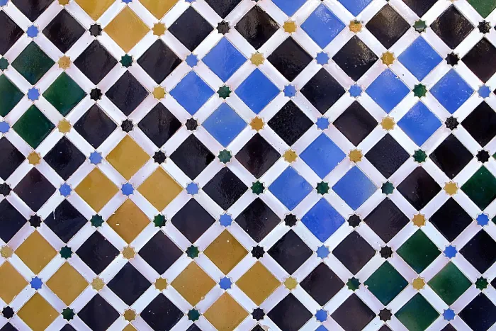 Framed Print : Alhambra. SPAIN. Granada. Alhambra. Alhambra, Nazari Palace. Comares Palace. Court of the Myrtles. Detail of the tiles. Hispano-Moresque art. Nasrid dynasty. Decorative Arts