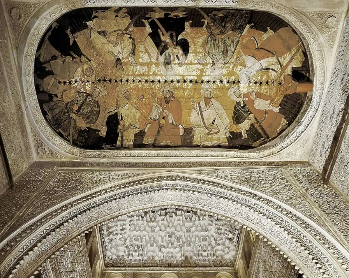 Framed Print : Alhambra. SPAIN. Granada. Alhambra. Wood cupola decorating the Hall of the Kings or Hall of Justice. Painting depicting the first ten Kings of the Nazari dynasty