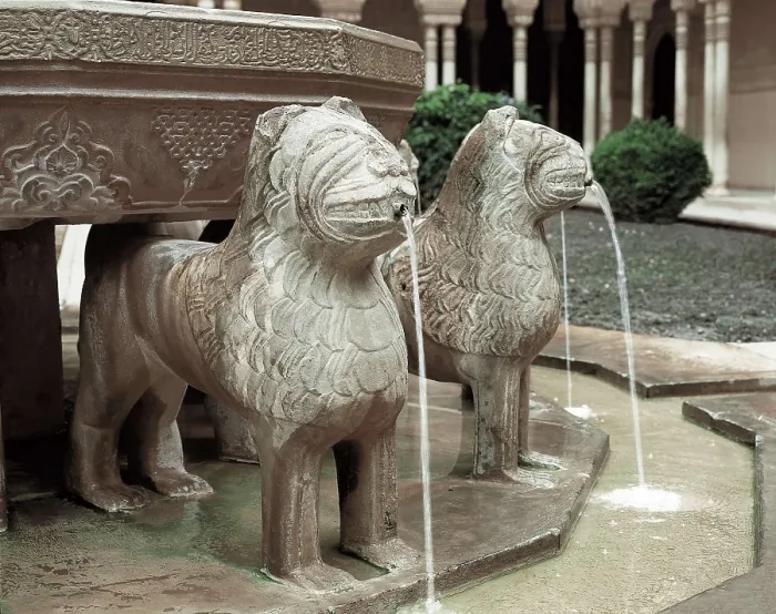 Framed Print : Alhambra. SPAIN. Granada. Alhambra. Fountain at the Patio de los Leones (Court of the Lions). Hispano-Moresque art. Nasrid dynasty. Architecture