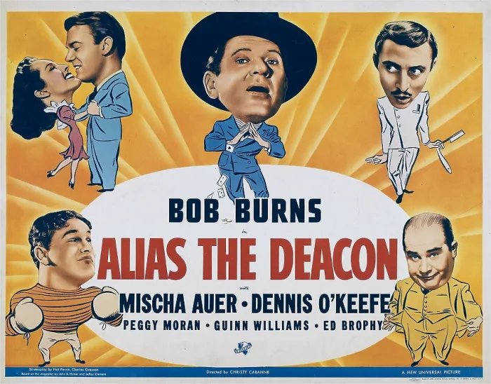 Framed Print : ALIAS THE DEACON, US lobbycard, clockwise from center: Bob Burns, Mischa Auer, Ed Brophy, Guinn Williams, Peggy Moran, Dennis O'Keefe, 1940