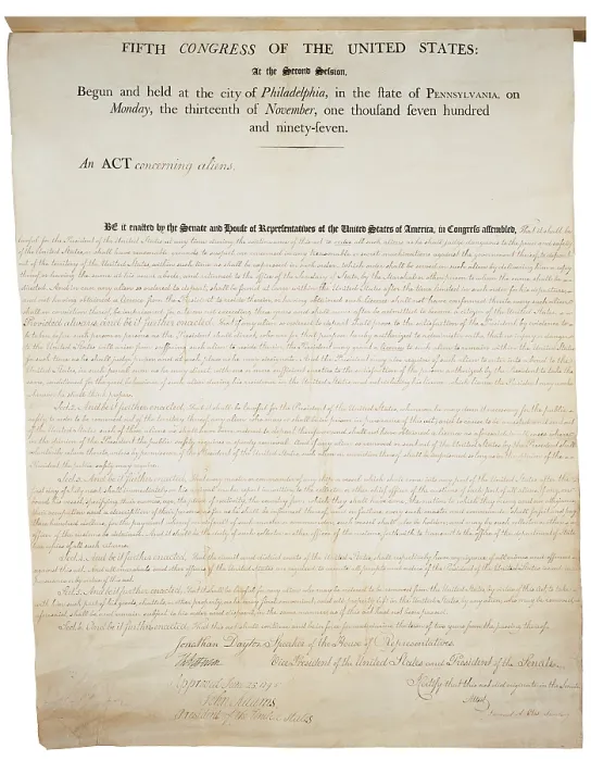 Framed Print : Alien and Sedition Acts of 1798. Handwritten document dated July 6 1798. Page 1 of 2