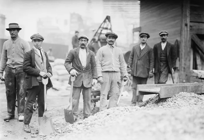 Framed Print : Alien Subway workers with shovels dressed in their street clothing, as they begin work constructing the New York City Subway. Ca. 1910