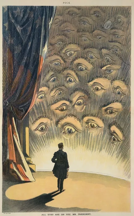 Framed Print : ALL EYES ARE ON YOU, MR. PRESIDENT, a political cartoon in Puck Magazine, March 5, 1913 Framed Print : ALL EYES ARE ON YOU, MR. PRESIDENT, a political cartoon in Puck Magazine, March 5, 1913