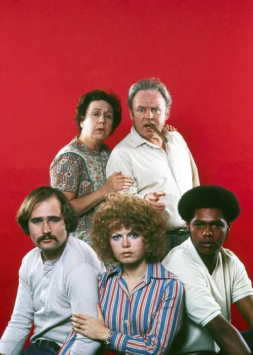 Framed Print : ALL IN THE FAMILY, from left: Rob Reiner, Jean Stapleton, Sally Struthers, Carroll O'Connor, Mike Evans, (1975), 1971-79 Framed Print : ALL IN THE FAMILY, from left: Rob Reiner, Jean Stapleton, Sally Struthers, Carroll O'Connor, Mike Evans, (1975), 1971-79