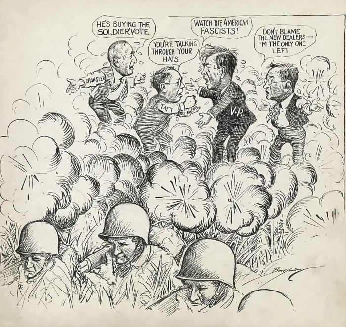 Framed Print : All One Front, All One War, by Clifford Berryman. World War 2 cartoon shows three determined-looking soldiers on the fighting front