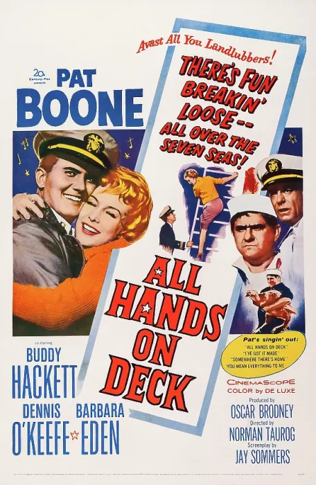 Framed Print : ALL HANDS ON DECK, l-r: Pat Boone, Barbara Eden, Buddy Hackett, Dennis O'Keefe on poster art, 1961, TM and Copyright 20th Century Fox Film Corp