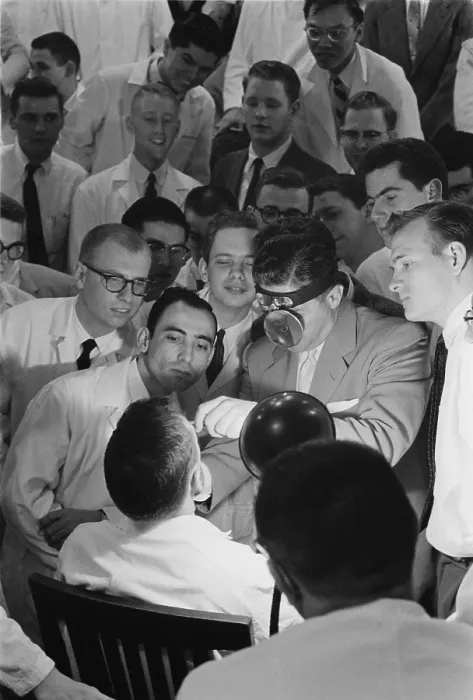 Framed Print : All male class of medical students receiving clinical instruction at George Washington University Medical School, in April 1958