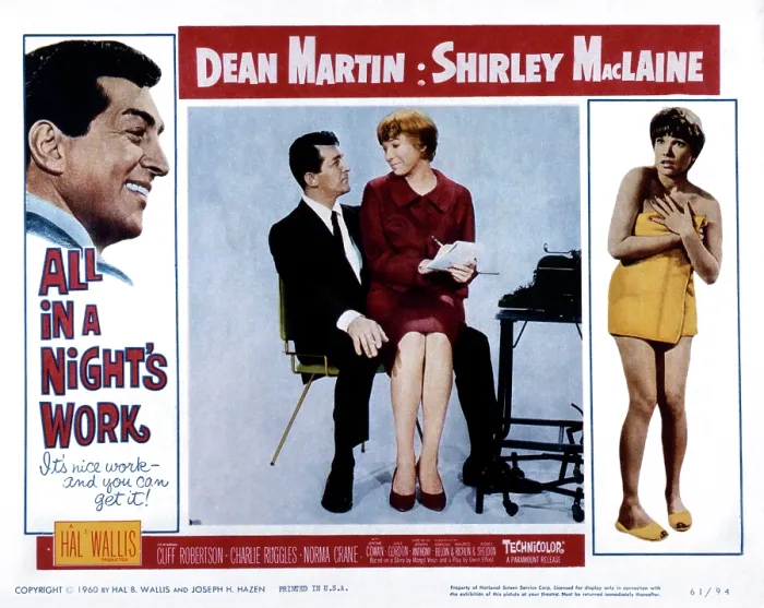 Framed Print : ALL IN A NIGHT'S WORK, US lobbycard, from left: Dean Martin, Shirley MacLaine, 1961