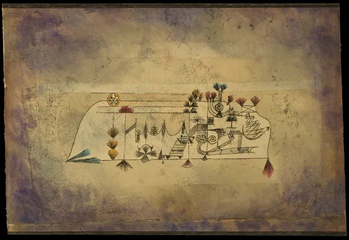 Framed Print : ALL SOULS PICTURE, by Paul Klee, 1921, Swiss drawing, watercolor and ink on paper. Line drawing with fan-like forms painted with red, yellow, and blue (BSLOC_2017_7_73)
