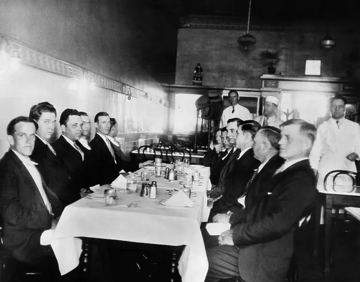 Framed Print : All White jury in the Scottsboro case. The all male, all white, jury at lunch during a court recess in Decatur, Alabama. April 3, 1933