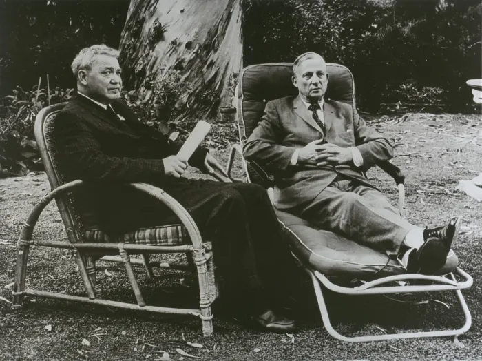 Framed Print : Allan Nevins (1890-1971)(right), and Henry Steele Commager (1902-1998), both eminent American historians, sitting in lawn chairs beneath a eucalyptus tree. 1963